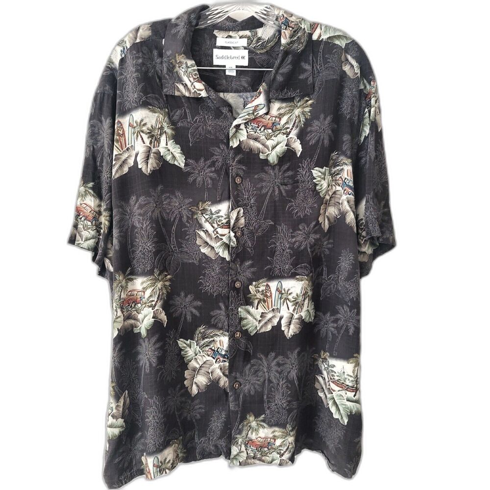 Saddlebred Hawaiian Shirt XXL Short Sleeve Woody Truck Surfboards Gray Green